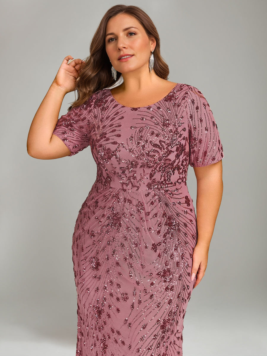 Trumpet/Mermaid Plus Scoop Half Sleeves Tea-length Mother of the Bride Dresses with Sequins & Embroidery - 이미지 4