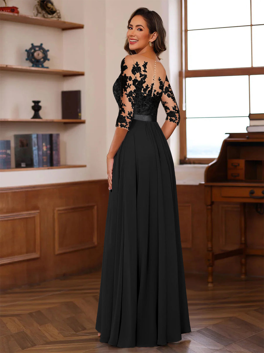 A-Line/Princess Jewel Neck 3/4 Sleeves Floor-Length Pleated Mother of the Bride Dresses with Ruffles & Appliques & Sash - 画像 (2)