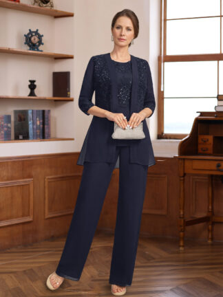 3 Pieces Scoop Half Sleeves Floor-Length Mother of the Bride Pantsuits with Appliques & Sequins & Jacket