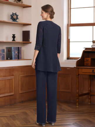 3 Pieces Scoop Half Sleeves Floor-Length Mother of the Bride Pantsuits with Appliques & Sequins & Jacket
