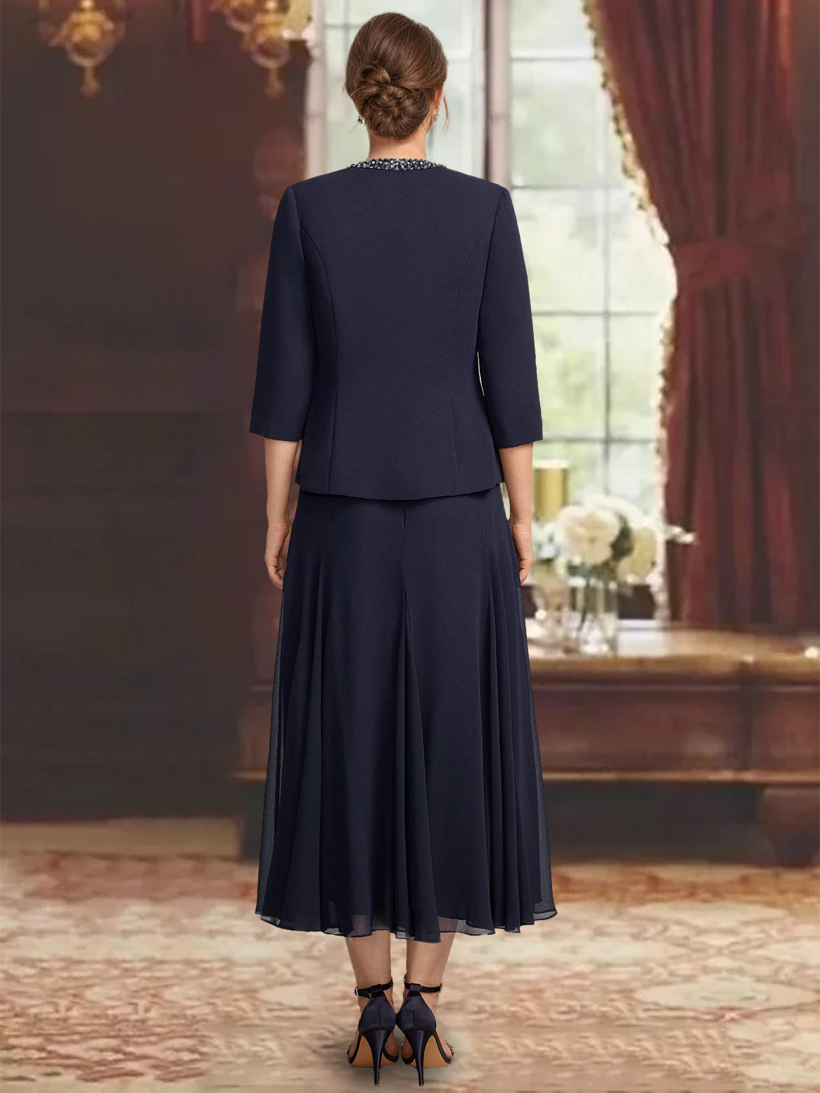 3 Pieces A-Line/Princess Scoop Sleeveless Tea-Length Pleated Mother of the Bride Dresses with Sequins & Beads - 이미지 2