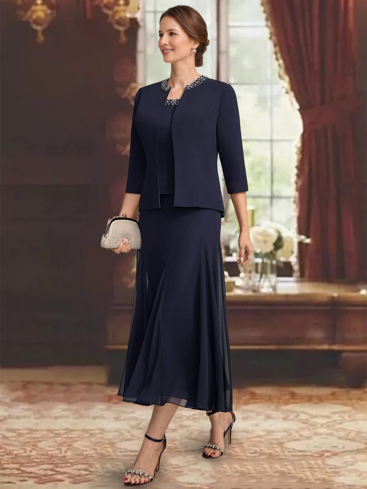 3 Pieces A-Line/Princess Scoop Sleeveless Tea-Length Pleated Mother of the Bride Dresses with Sequins & Beads - 이미지 3