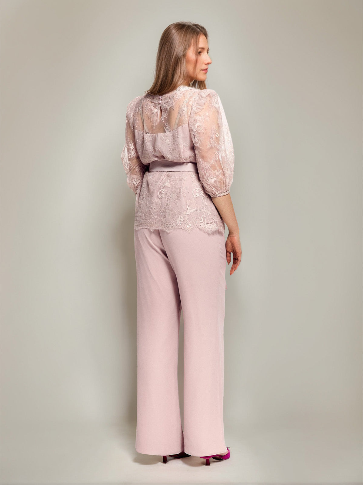 2 Pieces Round Neck Plus Size Half Sleeves Mother of the Bride Paintsuits with Lace & Sash - 이미지 2