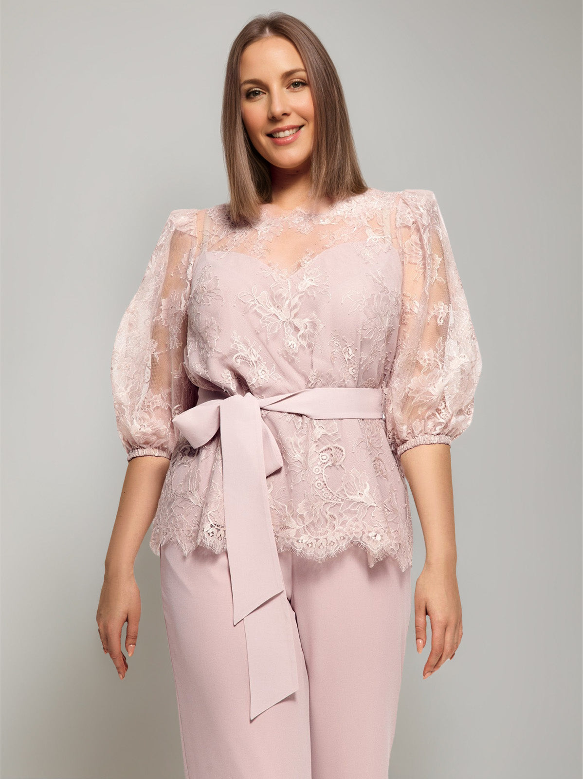 2 Pieces Round Neck Plus Size Half Sleeves Mother of the Bride Paintsuits with Lace & Sash - 이미지 3