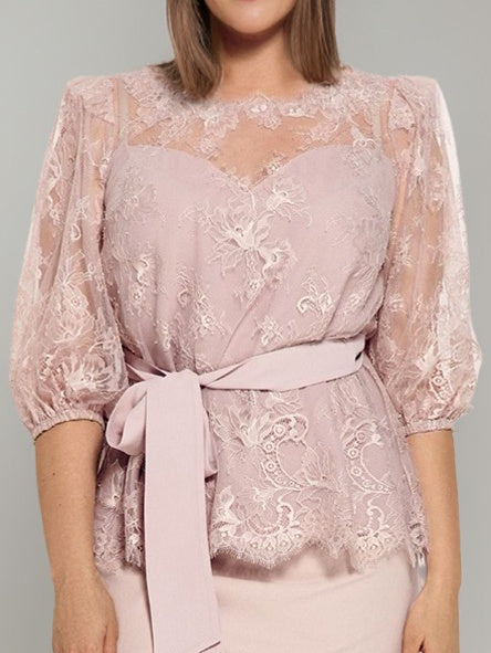 2 Pieces Round Neck Plus Size Half Sleeves Pencil Skirt Mother of the Bride Dresses with Lace & Sash - Image 2