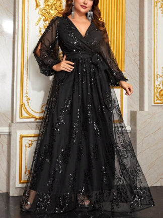 A-Line/Princess Sequins V-Neck Plus Size Mother of the Bride Dresses with Knot Bow Long Sleeves Floor-Length