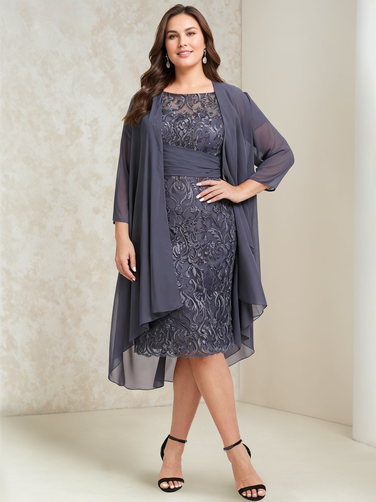 Sheath/Column Scoop Chiffon Plus Size Mother of the Bride Dresses with Wrap/Jacket Lace - 이미지 3