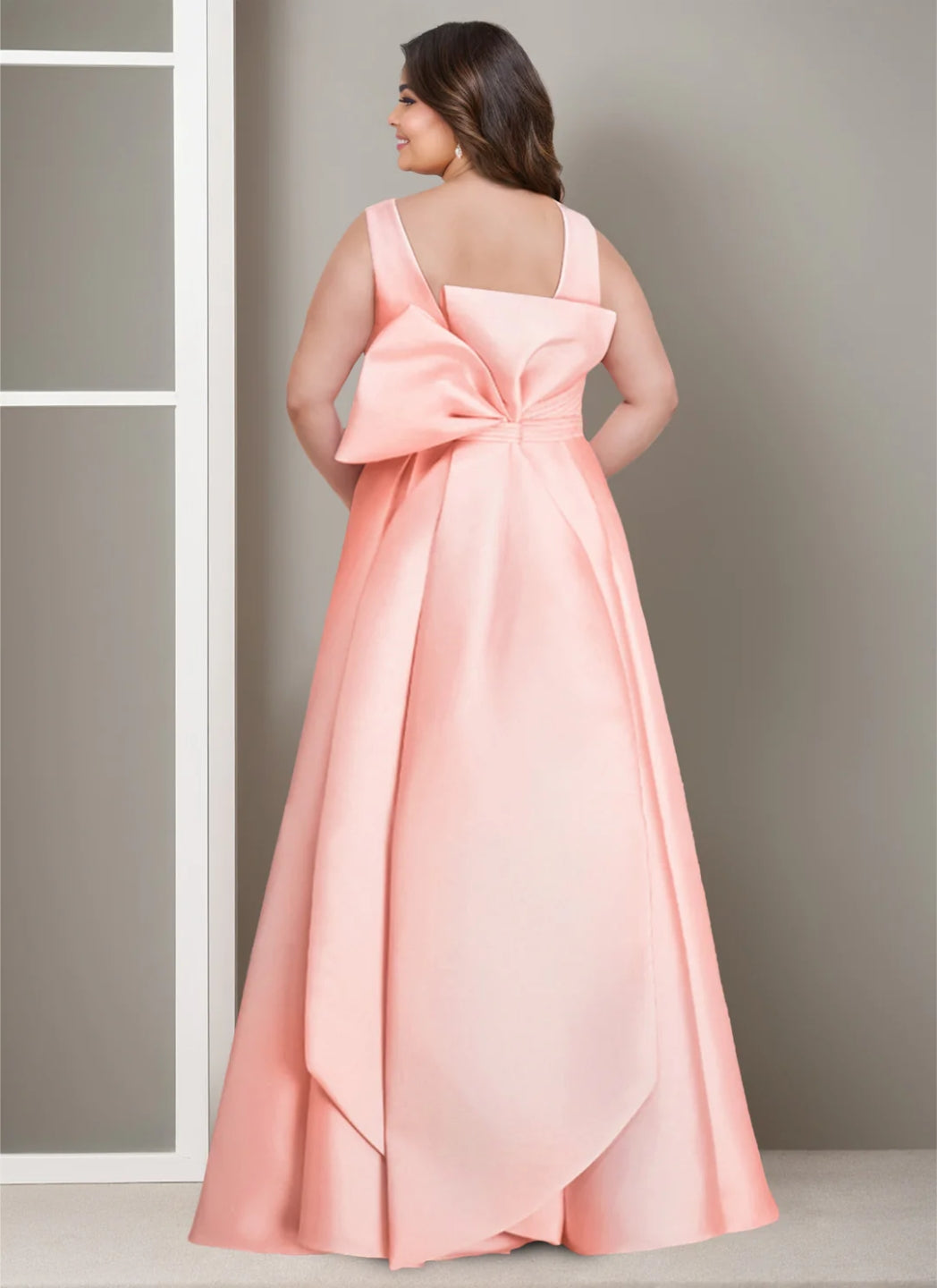 A-Line/Princess V-Neck Satin Plus Size Mother of the Bride Dresses with Bow - 画像 (2)