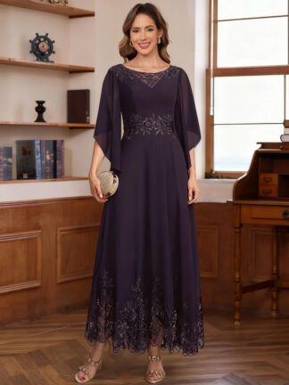 A-Line/Princess Chiffon Scoop Mother of the Bride Dresses Lace Ankle-Length Half Sleeves