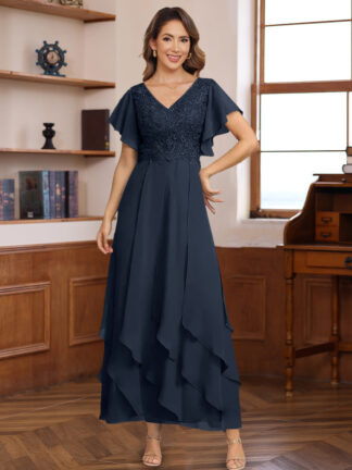 A-Line/Princess Chiffon V-Neck Mother of the Bride Dresses Lace Ankle-Length Short Sleeves Ruffles