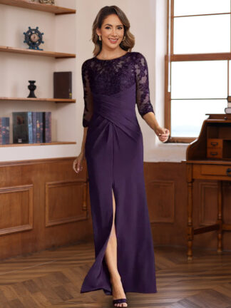Sheath/Column Chiffon Scoop Mother of the Bride Dresses Lace Ankle-Length 3/4 Sleeves Ruffles