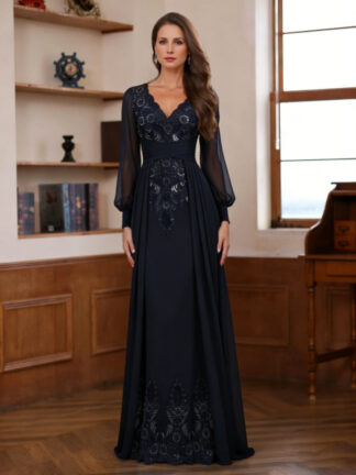 Sheath/Column V-Neck Chiffon Mother of the Bride Dresses With Overskirt Floor-Length Long Sleeves Lace Sequins