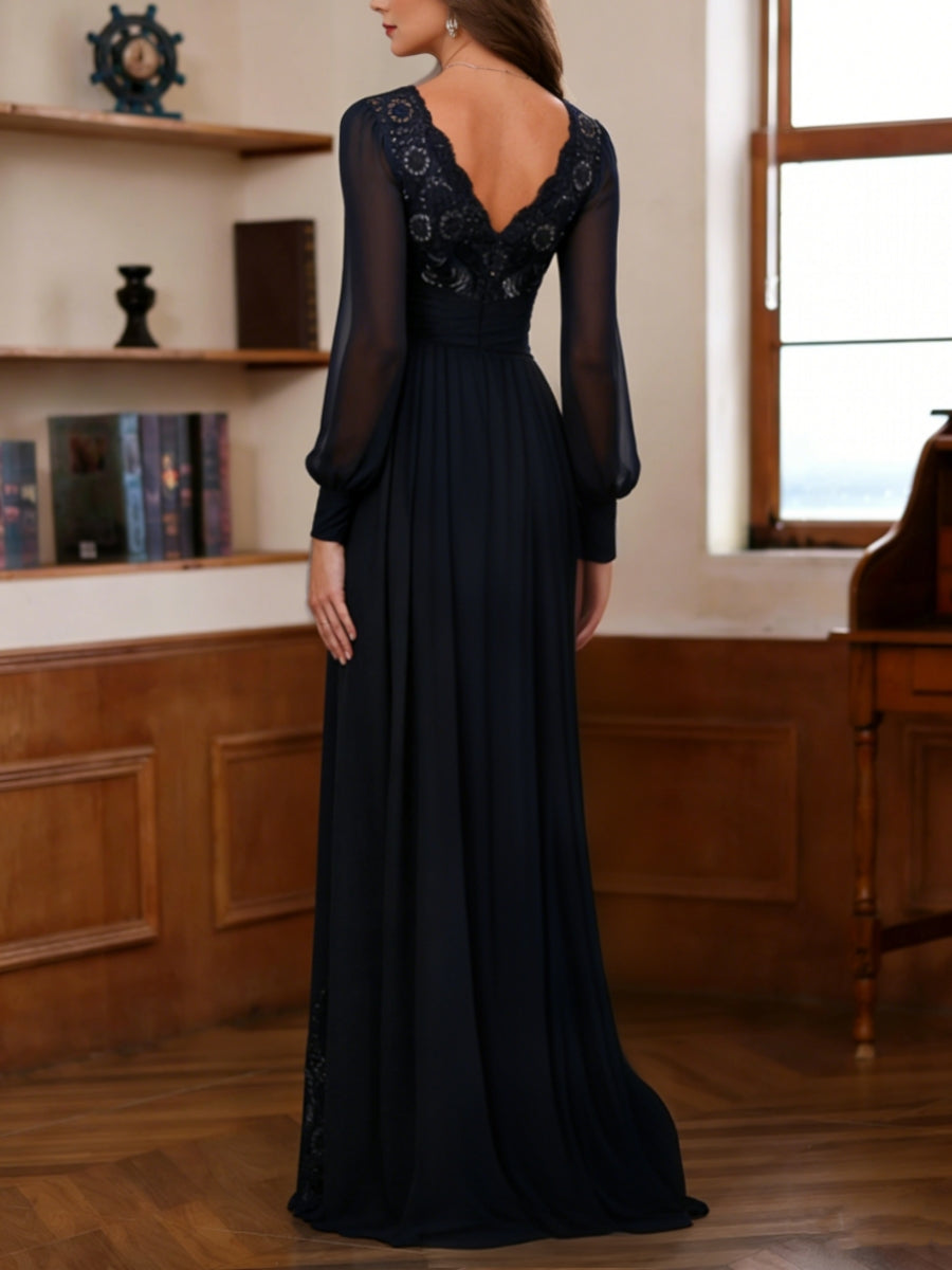 Sheath/Column V-Neck Chiffon Mother of the Bride Dresses With Overskirt Floor-Length Long Sleeves Lace Sequins - 画像 (2)