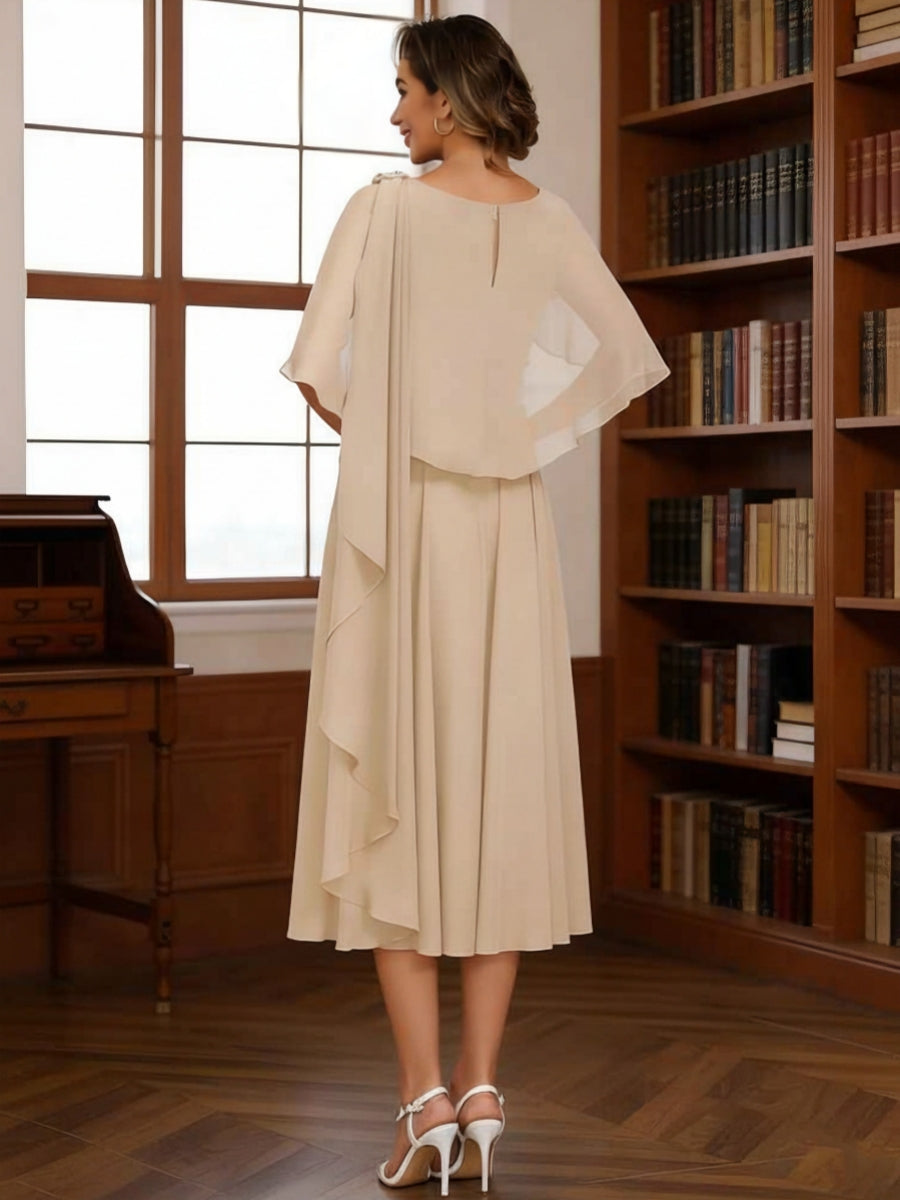 A-Line/Princess Cowl Neck Chiffon Mother of the Bride Dresses Tea-Length Pleated Cape Sleeves Beading - 이미지 2