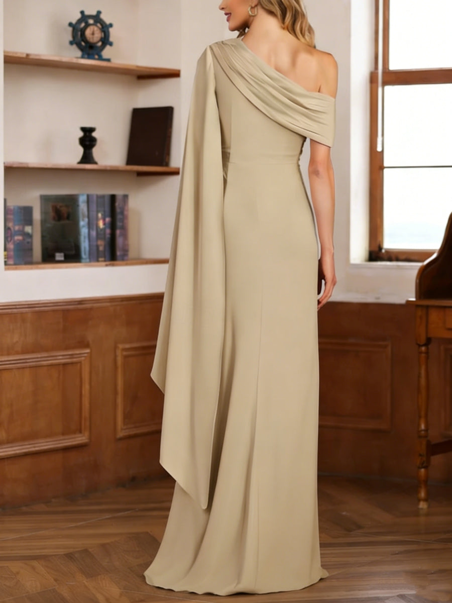 Sheath/Column One-Shoulder Chiffon Mother of the Bride Dresses Floor-Length Sleeveless with Pleats Ruffles - 画像 (2)