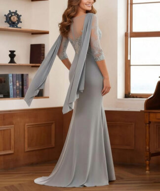 Trumpet/Mermaid Cowl Neck Elastic Chiffon Mother of the Bride Dresses Floor-Length Lace Half Sleeves