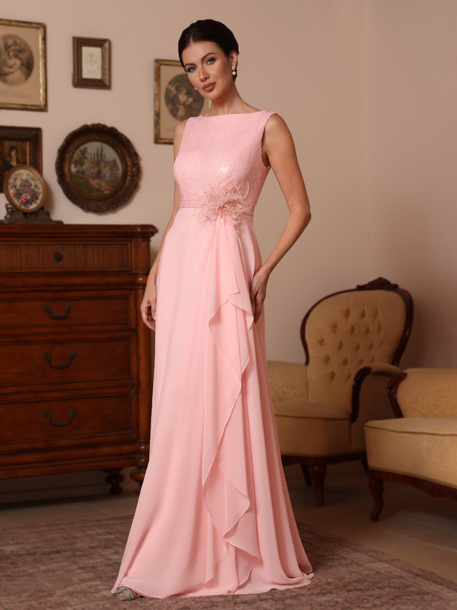 A-Line/Princess Cowl Neck Chiffon Mother of the Bride Dresses Sequins Floor-Length Sleeveless Ruffles - Image 5