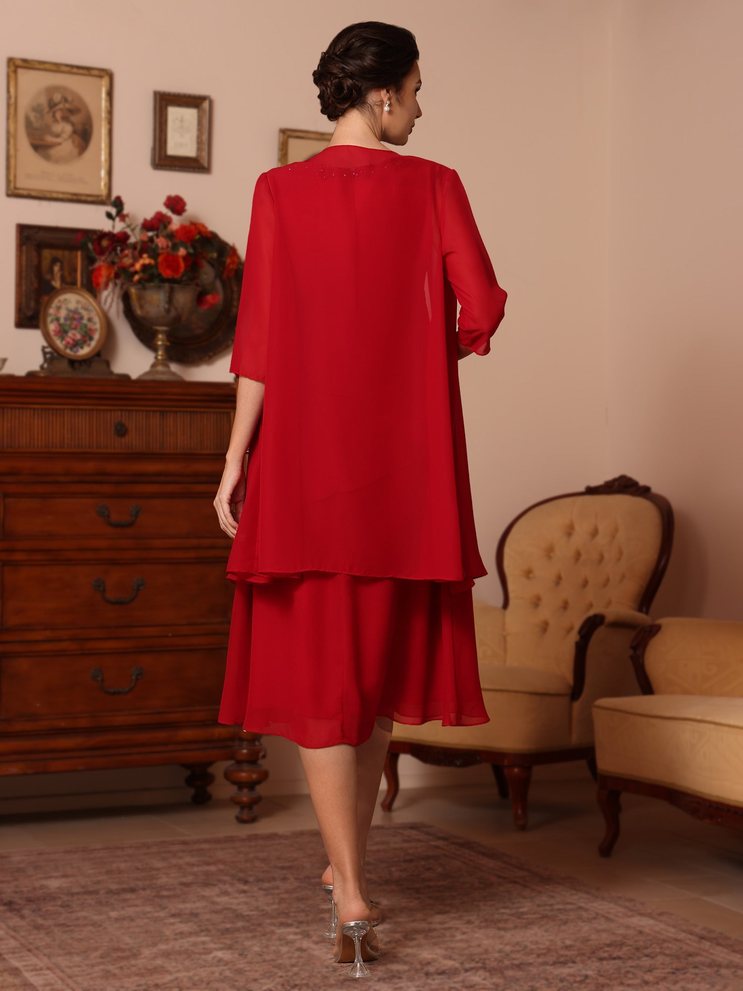 2 Pieces Sheath/Column V-Neck Chiffon Mother of the Bride Dresses with Jacket Beading Knee-Length Half Sleeves - Image 2