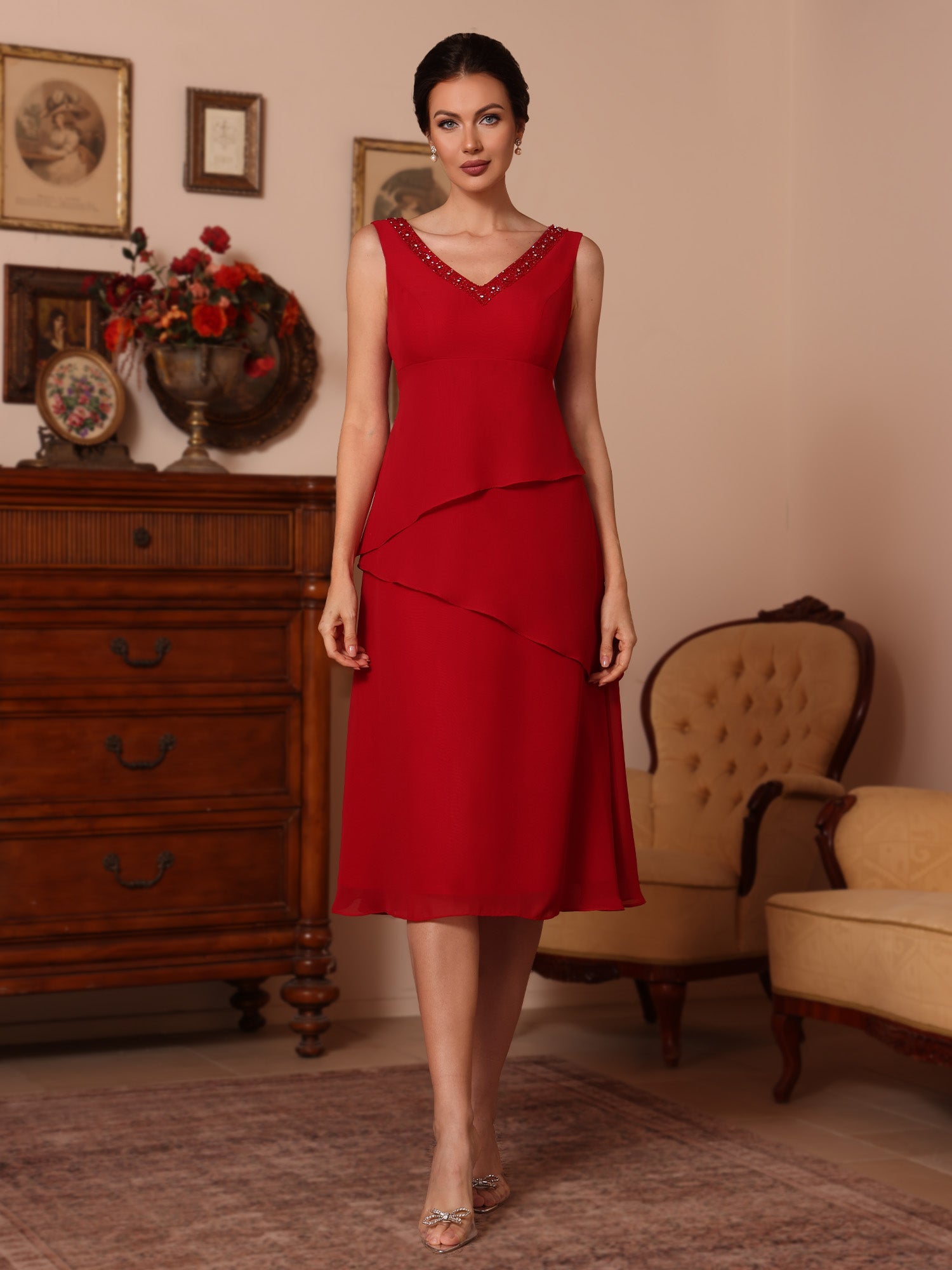 2 Pieces Sheath/Column V-Neck Chiffon Mother of the Bride Dresses with Jacket Beading Knee-Length Half Sleeves - Image 3