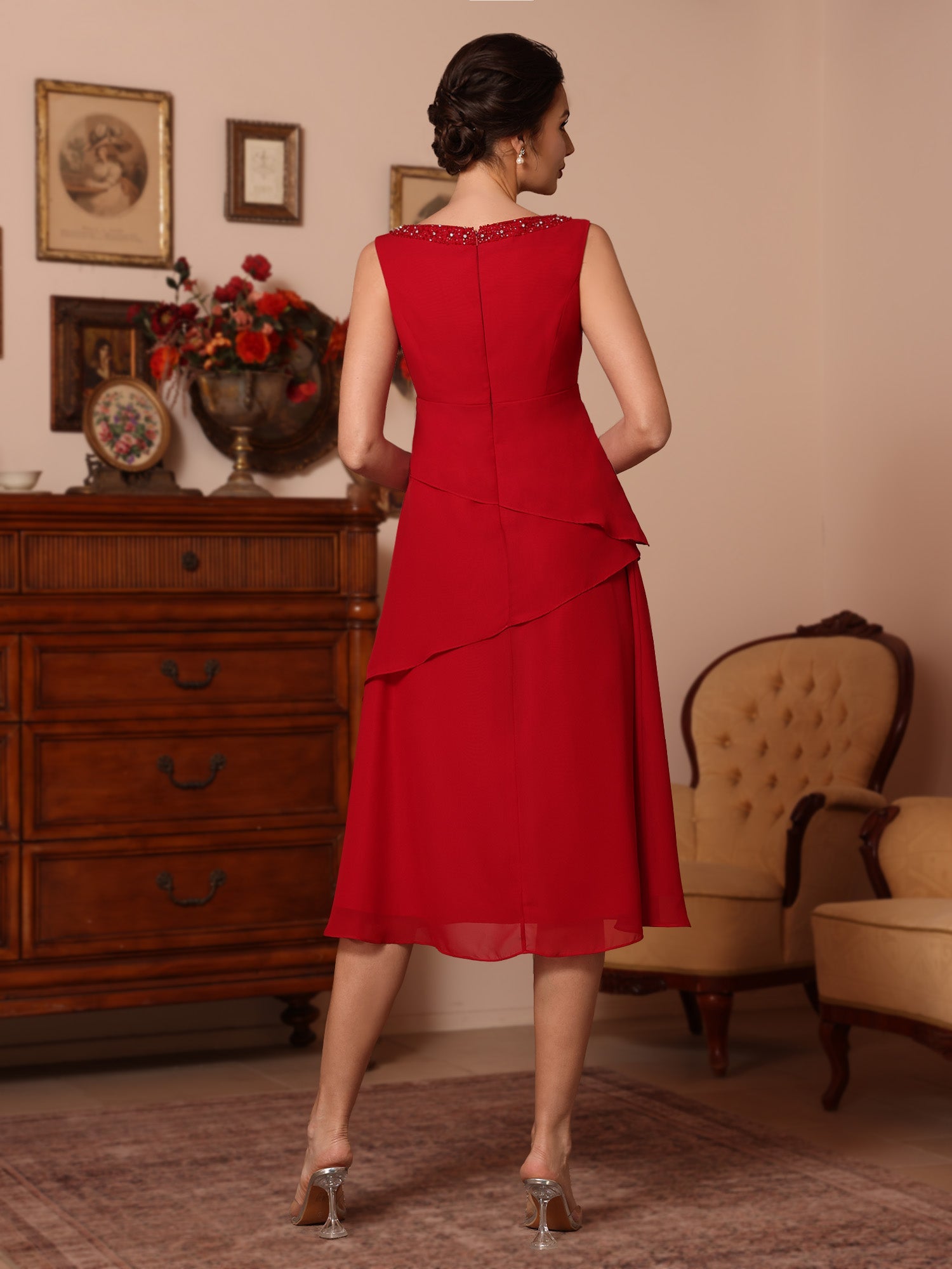 2 Pieces Sheath/Column V-Neck Chiffon Mother of the Bride Dresses with Jacket Beading Knee-Length Half Sleeves - Image 4