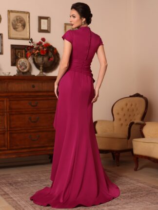 Trumpet/Mermaid V-Neck Stretch Satin Mother of the Bride Dresses Floor-Length Sweep Train Cap Sleeves Ruffles