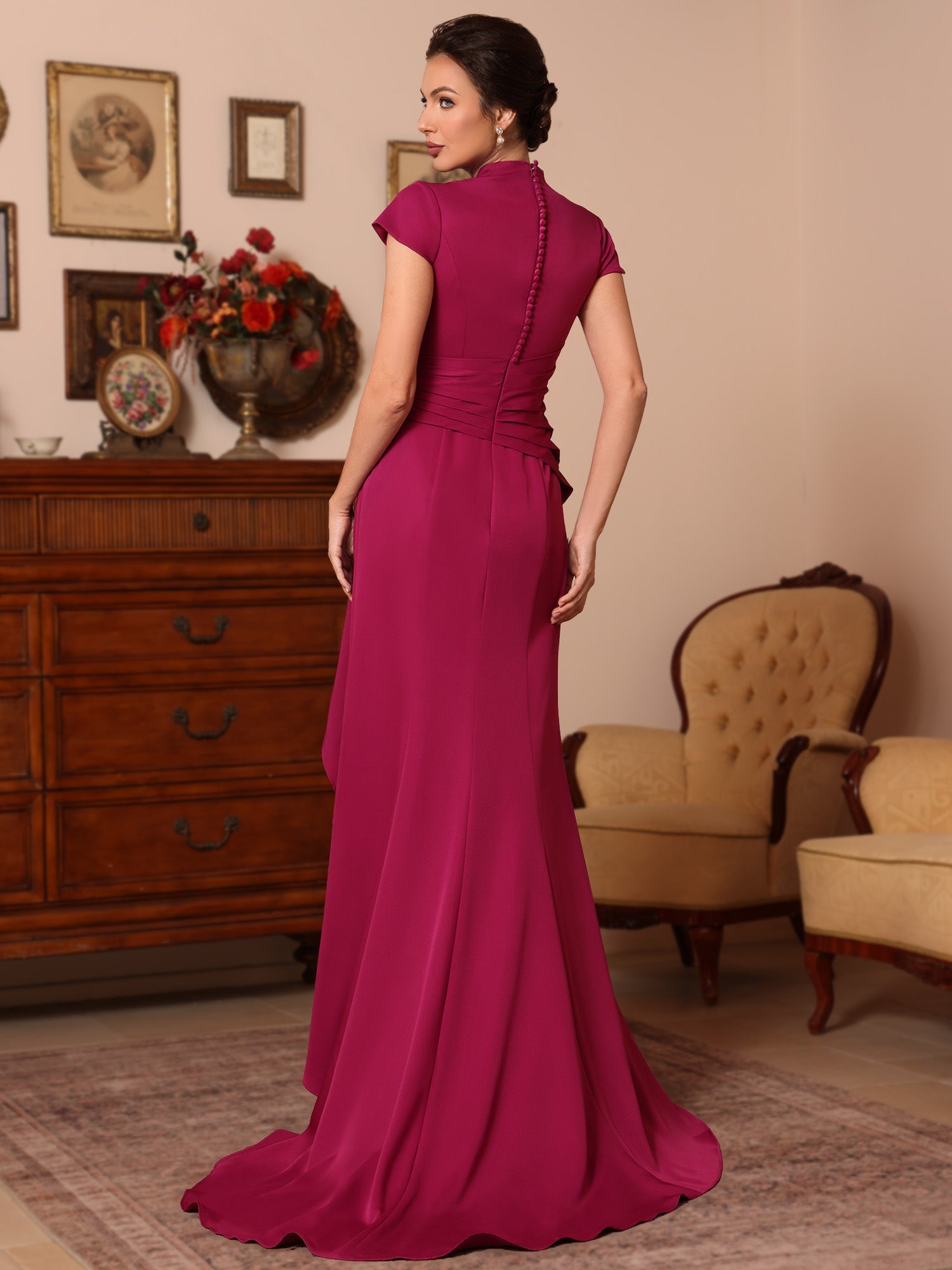 Trumpet/Mermaid V-Neck Stretch Satin Mother of the Bride Dresses Floor-Length Sweep Train Cap Sleeves Ruffles - 이미지 2