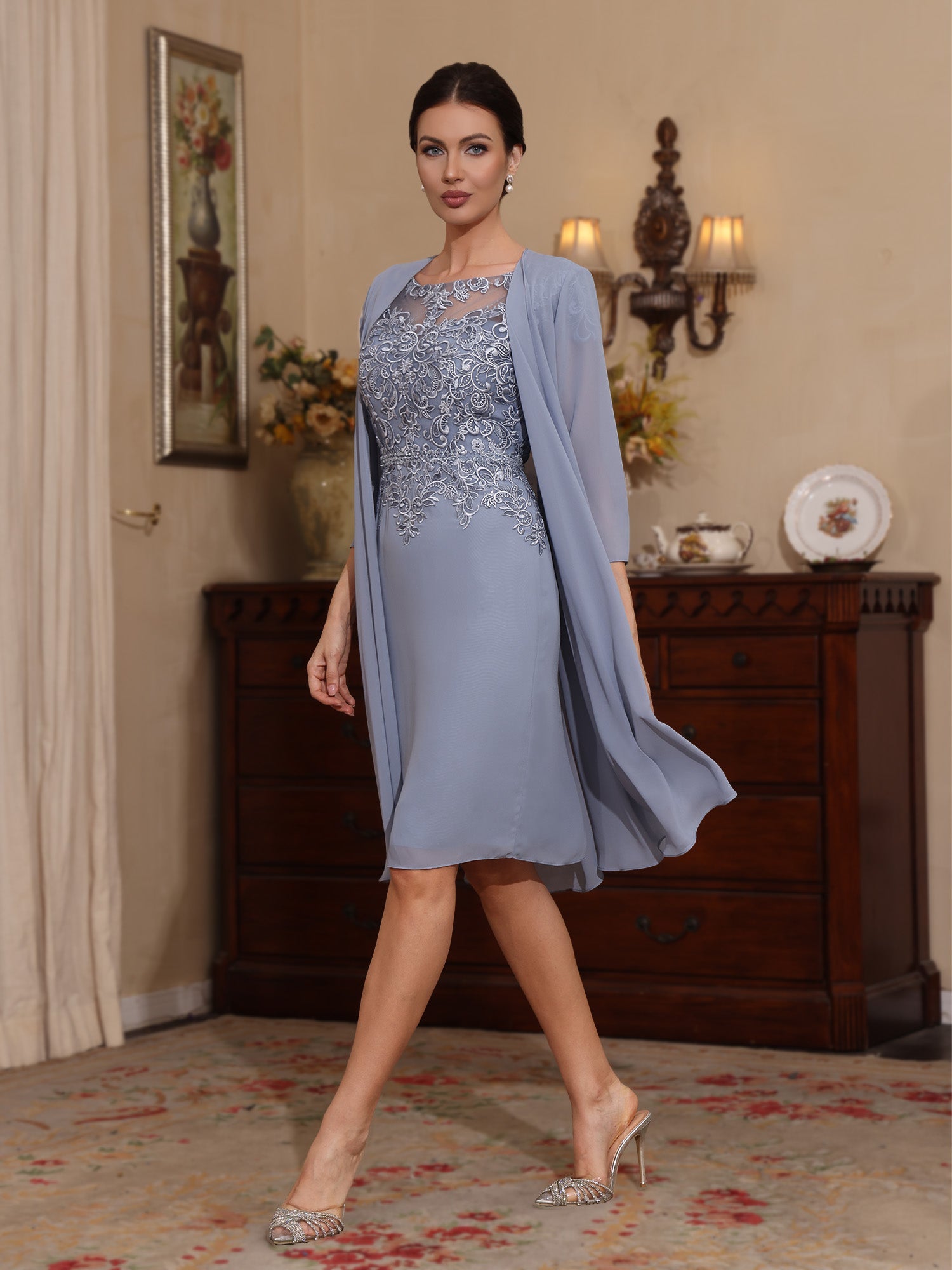 2 Pieces Sheath/Column Scoop Chiffon Mother of the Bride Dresses with Jacket Lace Knee-Length 3/4 Sleeves - Image 3