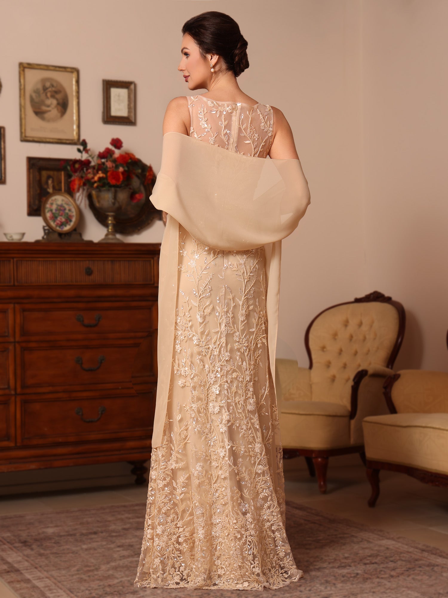 2 Pieces Sheath/Column Lace Mother of the Bride Dresses with Shawl Scoop Beading Sleeveless Floor-Length - 이미지 2