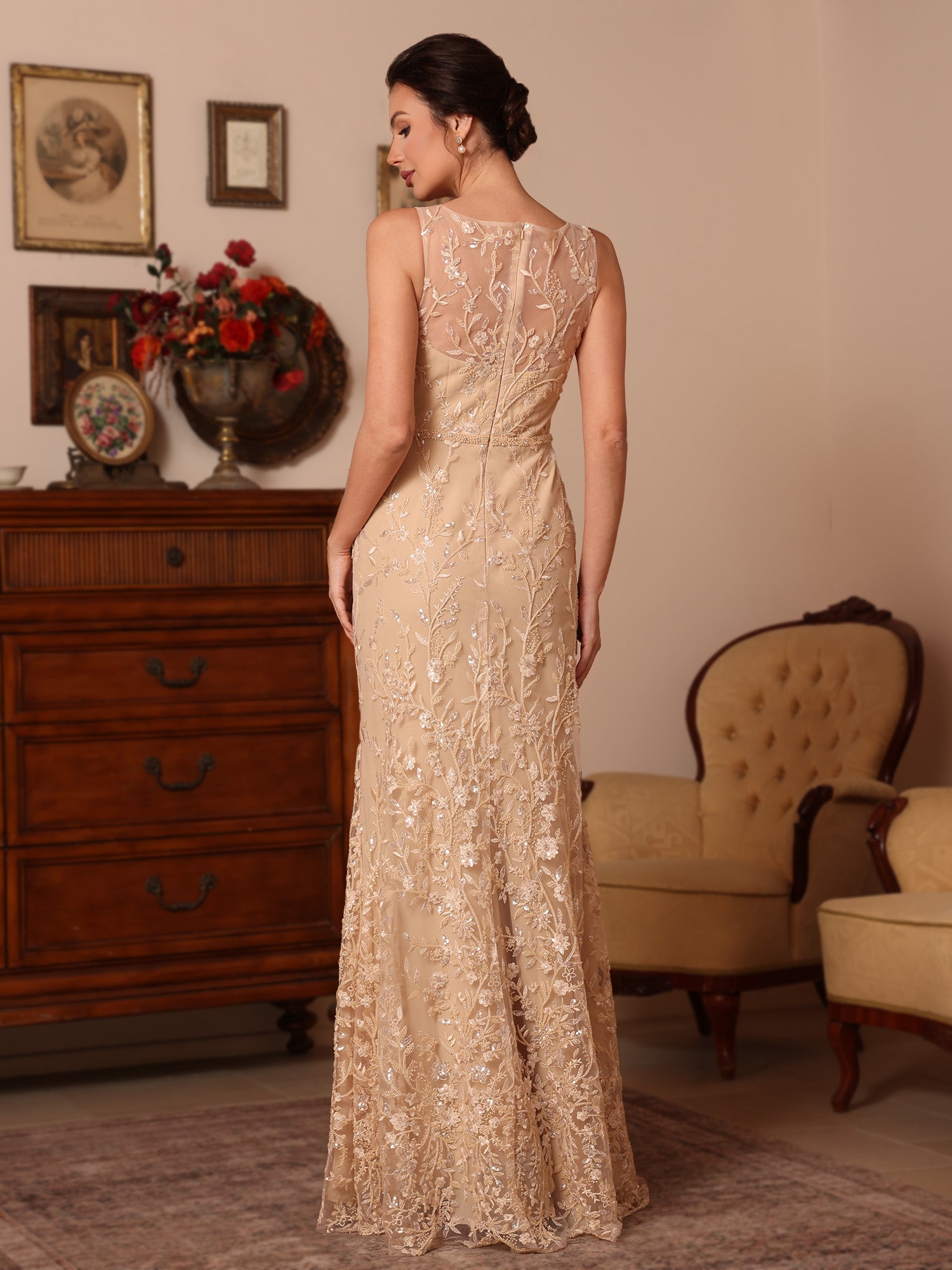 2 Pieces Sheath/Column Lace Mother of the Bride Dresses with Shawl Scoop Beading Sleeveless Floor-Length - 이미지 5