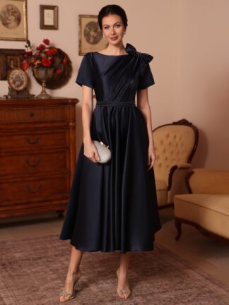 A-Line/Princess Scoop Satin Mother of the Bride Dresses Tea-Length Short Sleeves Beading Bowknot