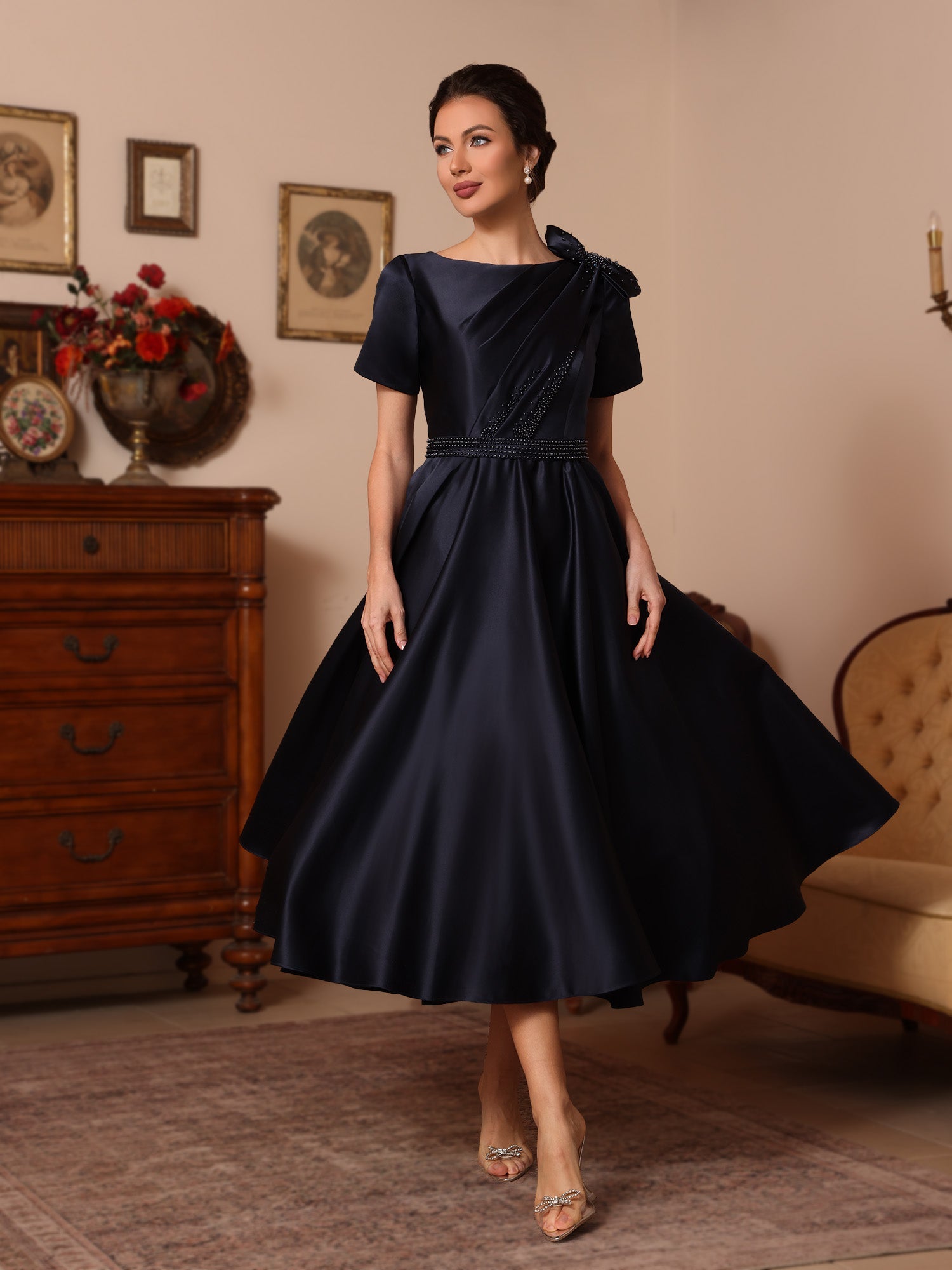 A-Line/Princess Scoop Satin Mother of the Bride Dresses Tea-Length Short Sleeves Beading Bowknot - Image 3
