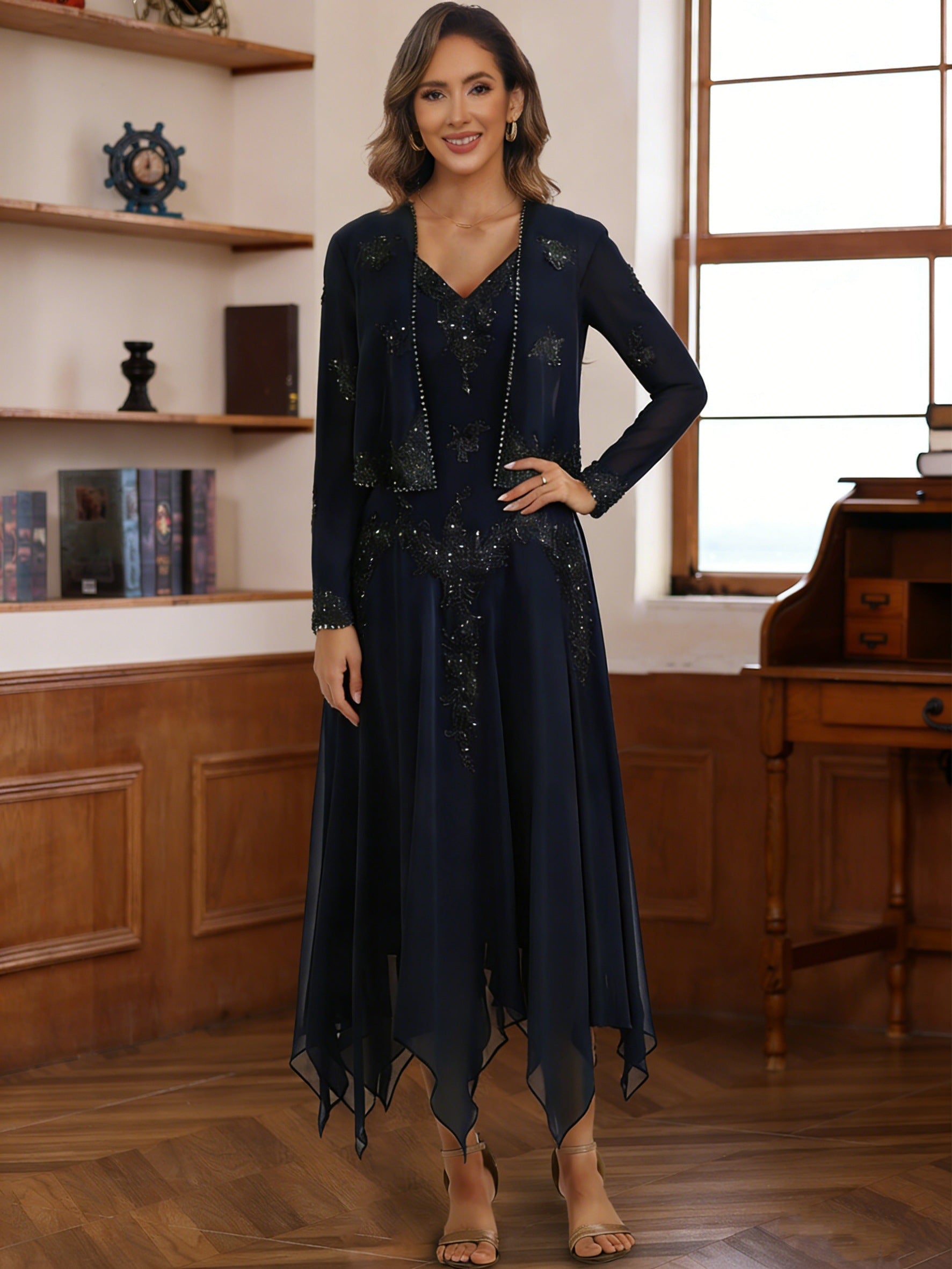 2 Pieces A-Line/Princess V-Neck Chiffon Mother of the Bride Dresses with Jacket Lace Sequins Tea-Length Long Sleeves - 이미지 3