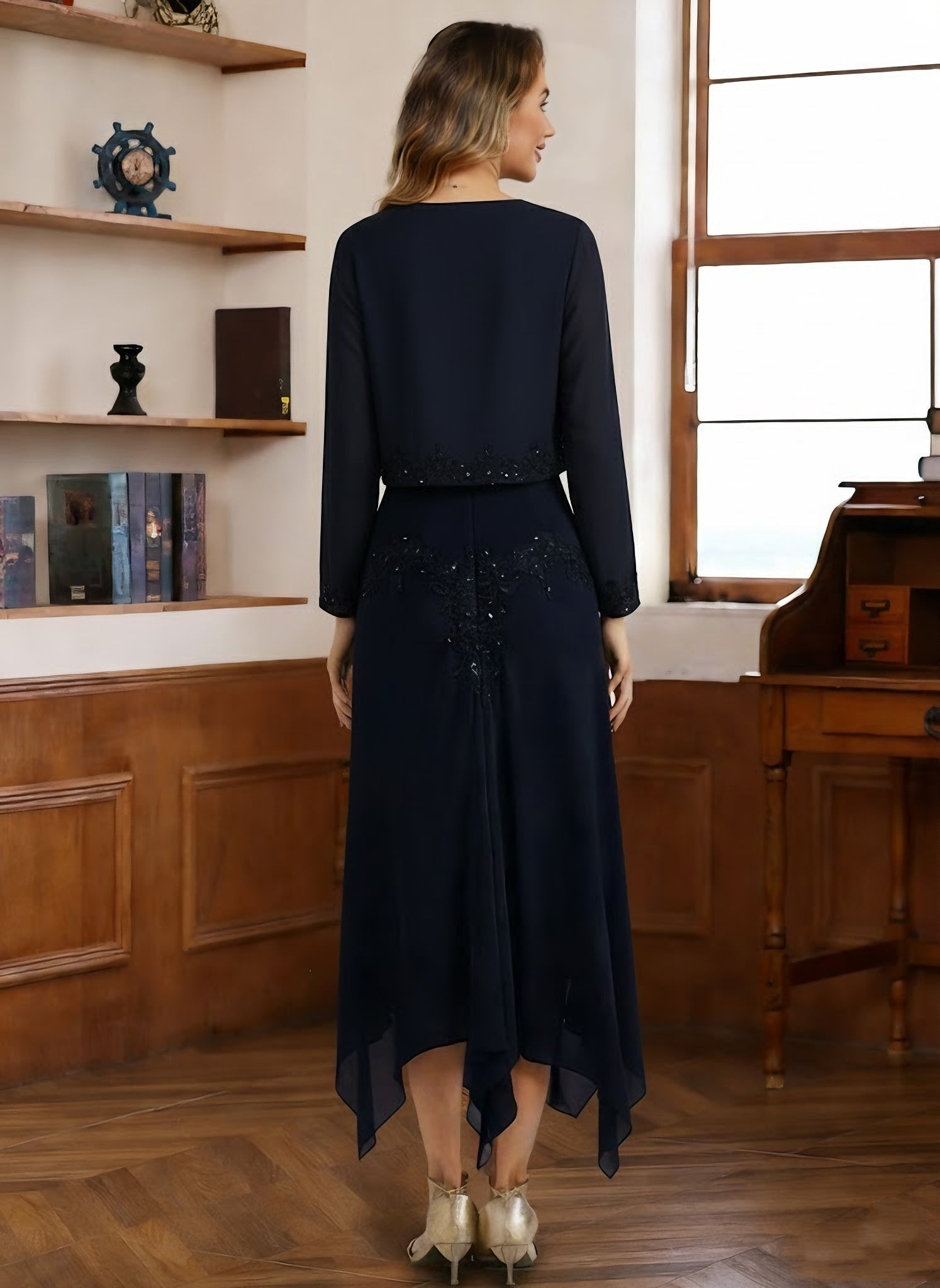 2 Pieces A-Line/Princess V-Neck Chiffon Mother of the Bride Dresses with Jacket Lace Sequins Tea-Length Long Sleeves - 이미지 4