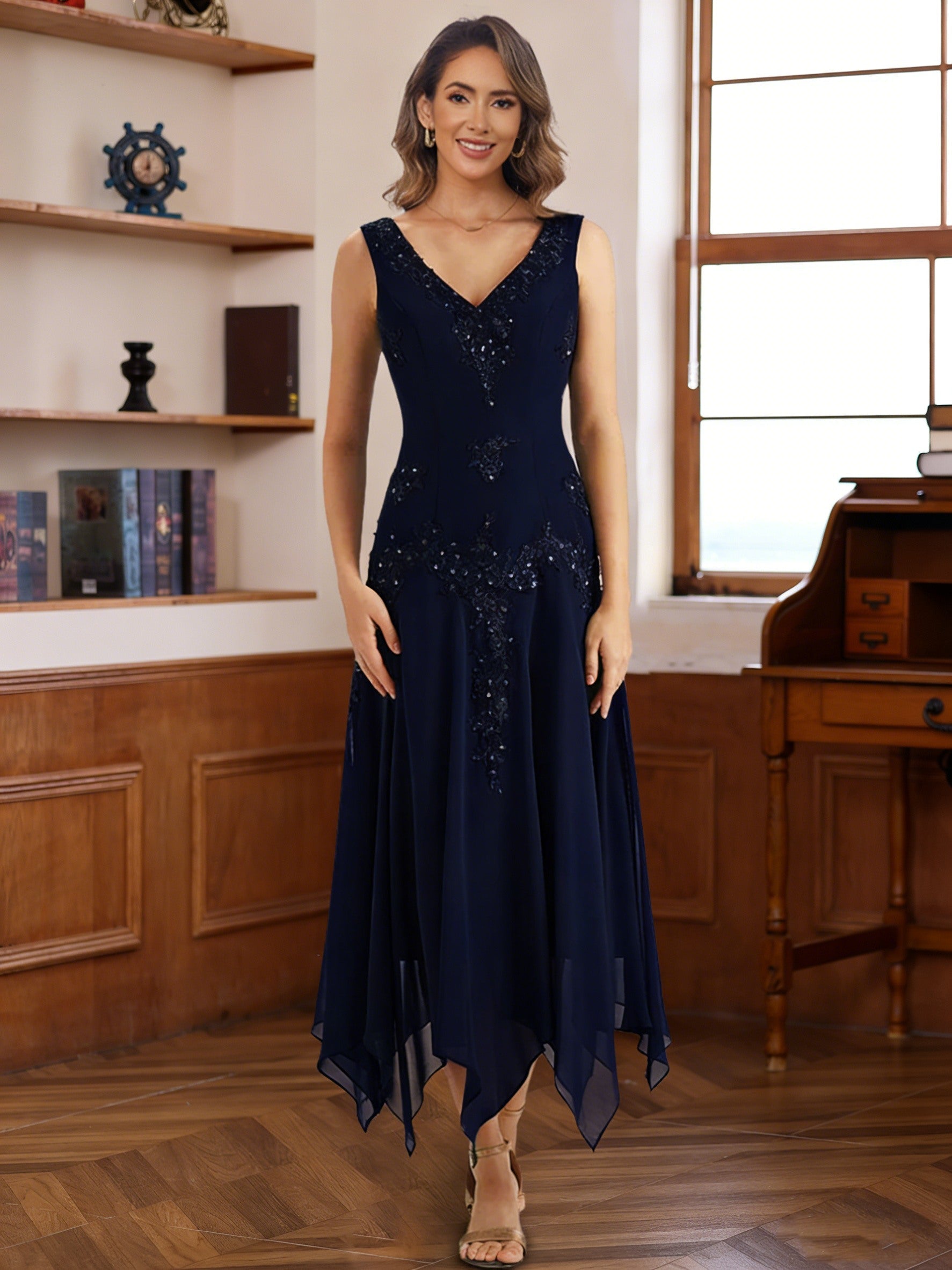 2 Pieces A-Line/Princess V-Neck Chiffon Mother of the Bride Dresses with Jacket Lace Sequins Tea-Length Long Sleeves - 이미지 6