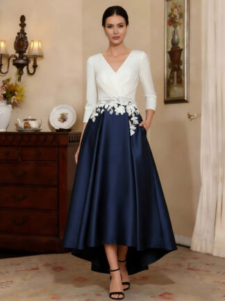 A-Line/Princess V-Neck Satin Mother of the Bride Dresses 3/4 Sleeves Asymmetrical Ankle-Length Lace Ruched
