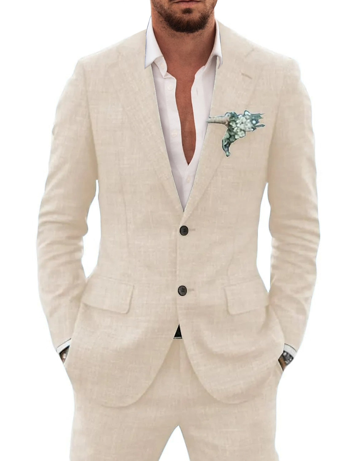 Men's Tailored Fit Single Breasted Two-buttons 2 Pieces Solid Colored Linen Suits - 이미지 2