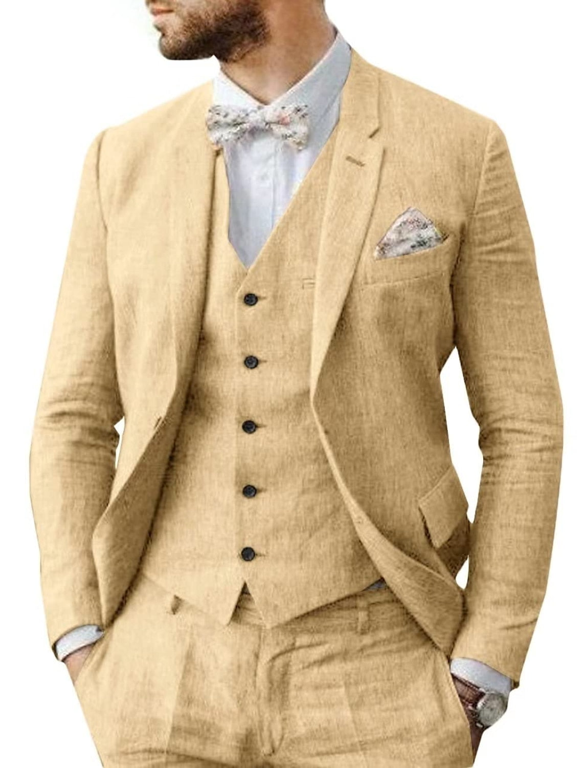 Men's Tailored Fit Single Breasted Two-buttons 3 Pieces Solid Colored Linen Suits - 画像 (5)