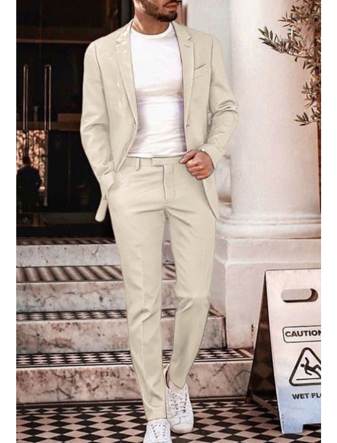 Men's Tailored Fit Single Breasted Two-buttons 2 Pieces Solid Colored Linen Suits - Image 3