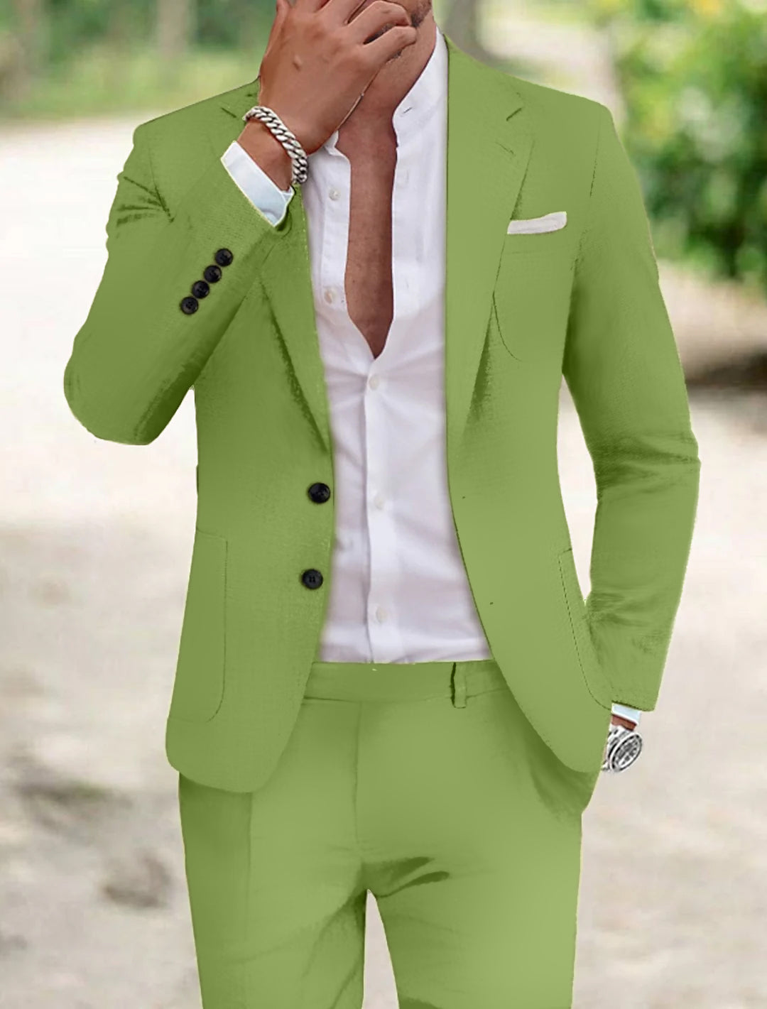 Men's Tailored Fit Single Breasted Two-buttons 2 Pieces Solid Colored Linen Suits