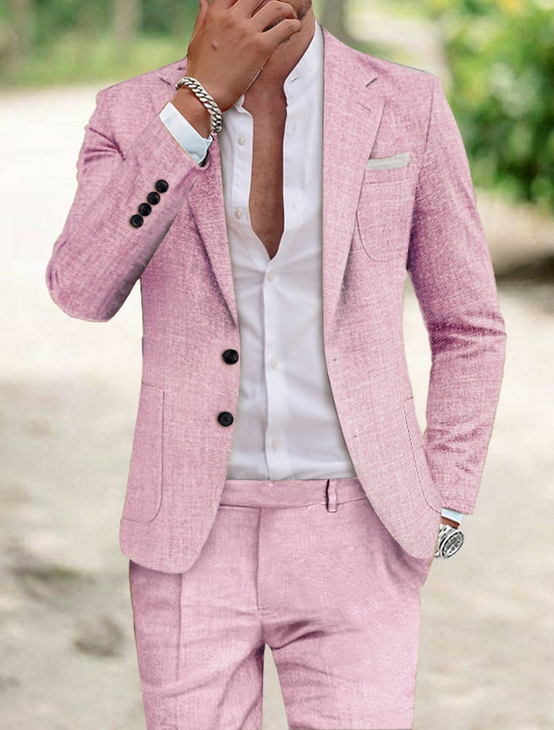 Men's Tailored Fit Single Breasted Two-buttons 2 Pieces Solid Colored Linen Suits - 이미지 2