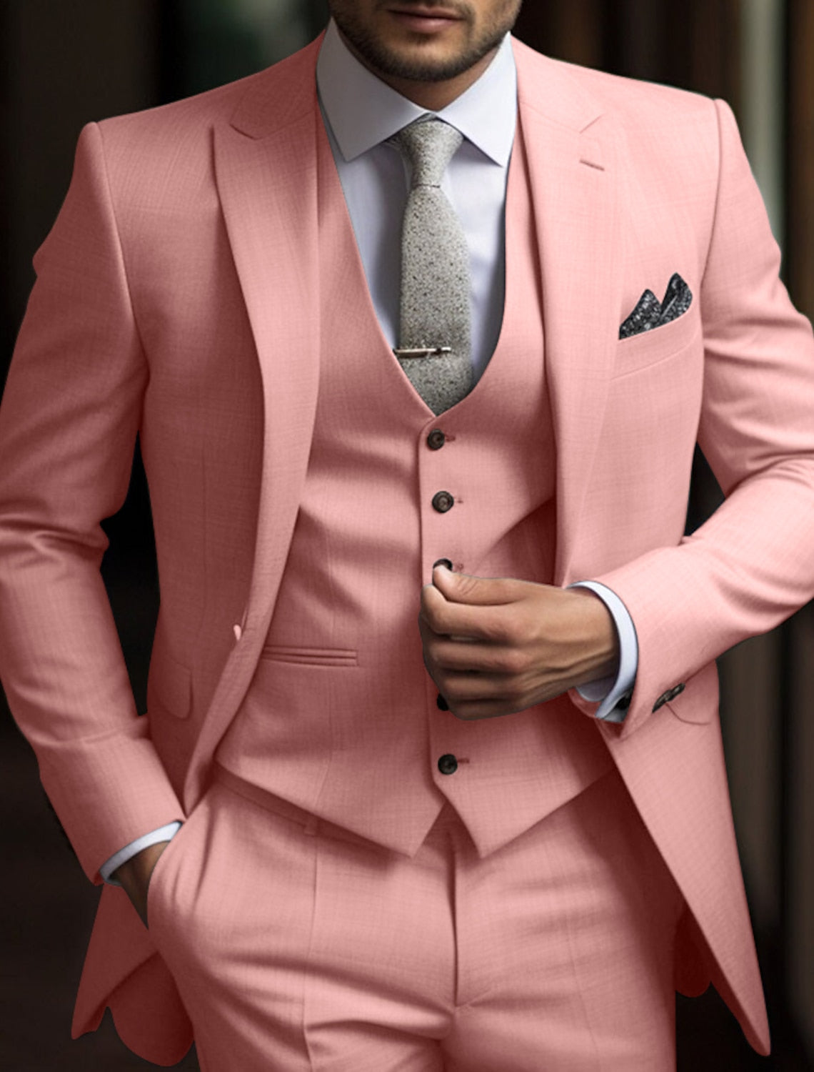 Men's Tailored Fit Single Breasted Two-buttons 3 Pieces Solid Colored Wedding Suits - Image 3