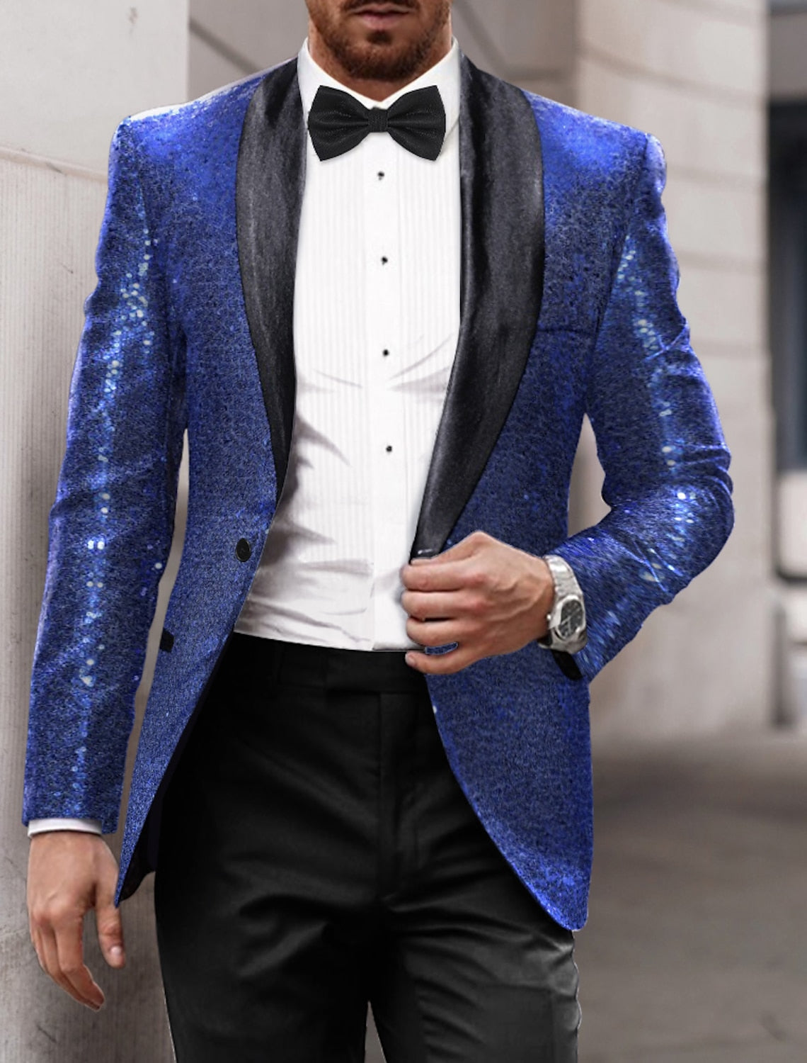 Gold Red Blue Silver Men's Tailored Fit Single Breasted One-button Sequins Party Jacket - 이미지 2