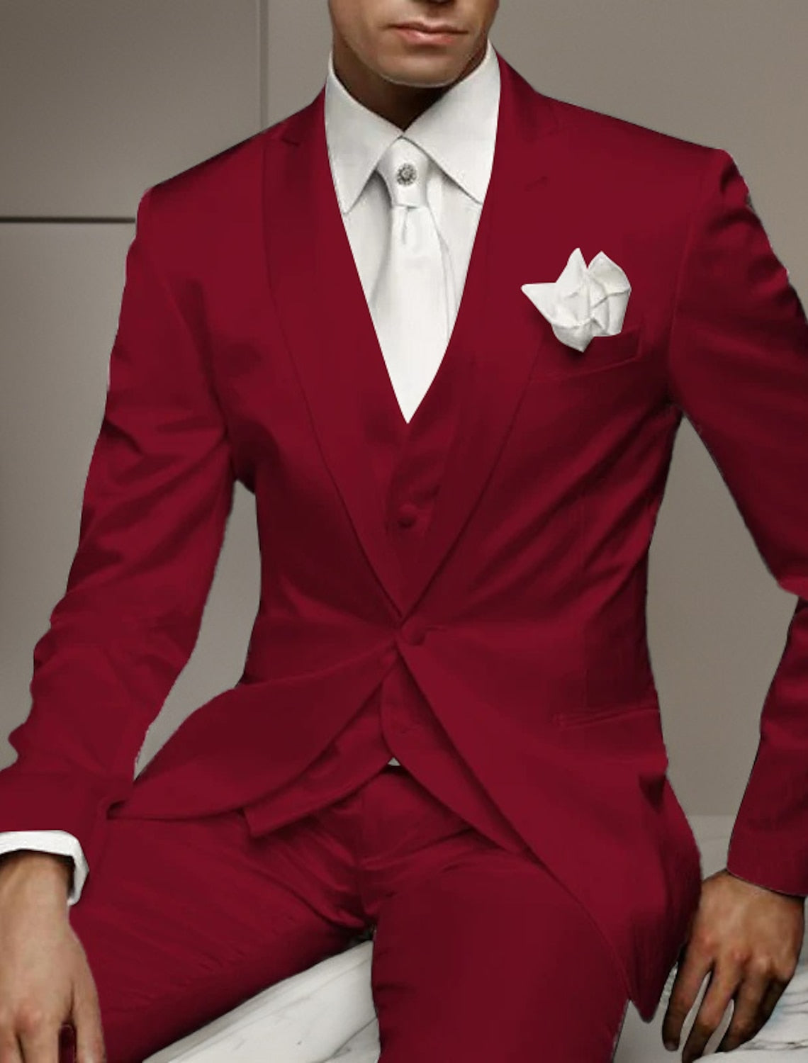 Red Men's Tailored Fit 3 Pieces Solid Colored Single Breasted One-button Party Suits - Image 2