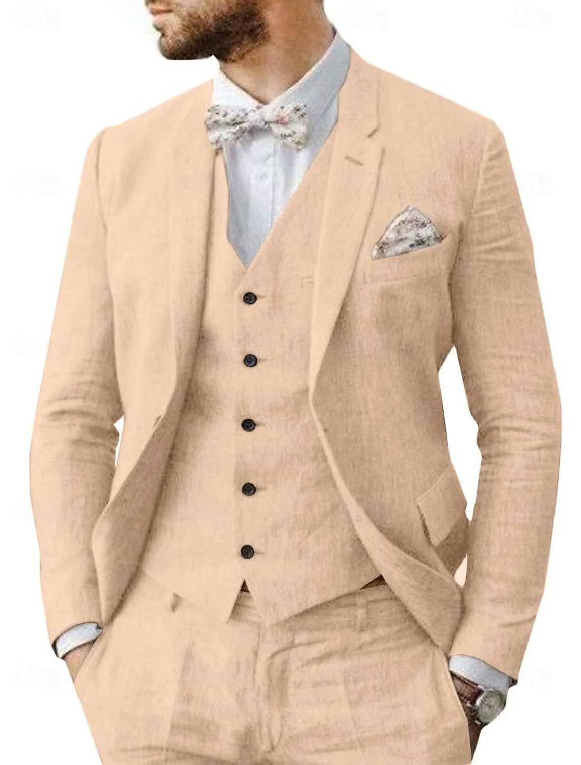 Men's Linen Tailored Fit Single Breasted Two-buttons 3 Pieces Wedding Suits - Image 4