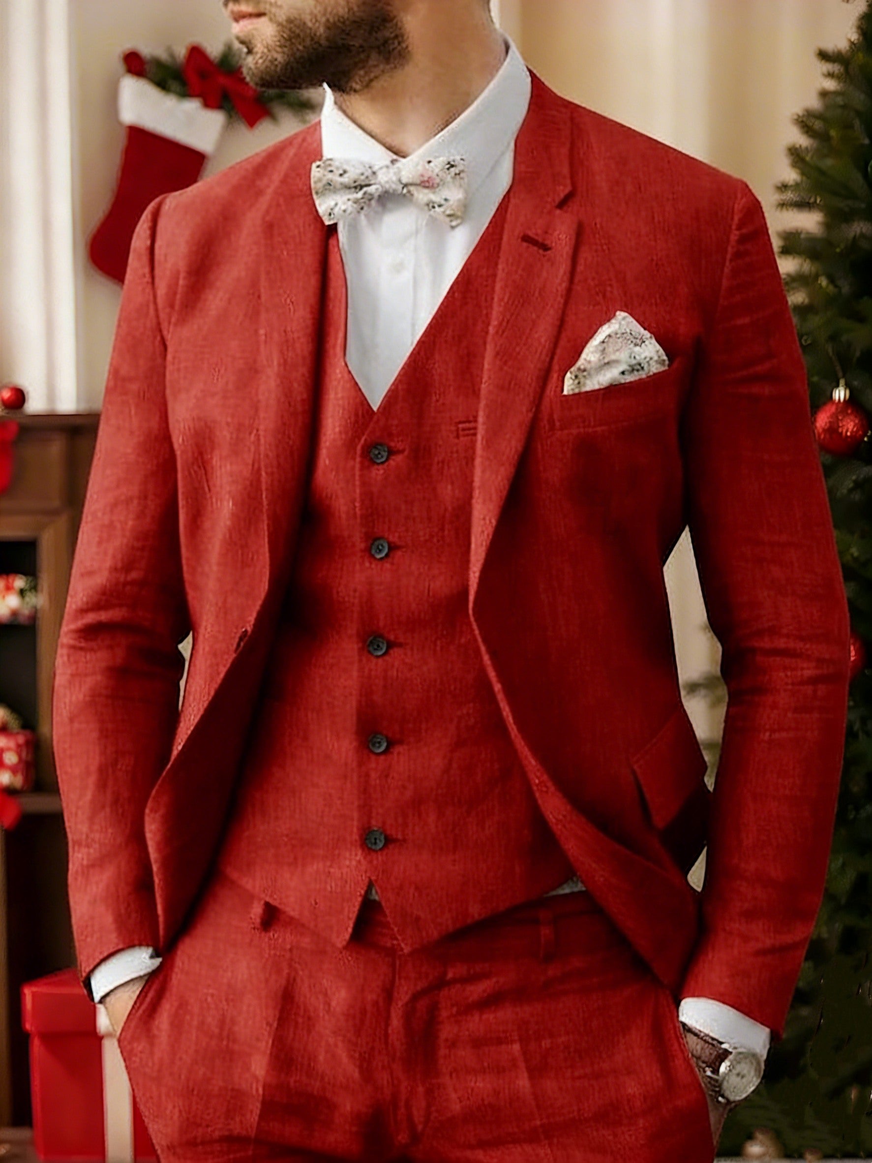 Men's Linen Tailored Fit Single Breasted Two-buttons 3 Pieces Wedding Suits - Image 9