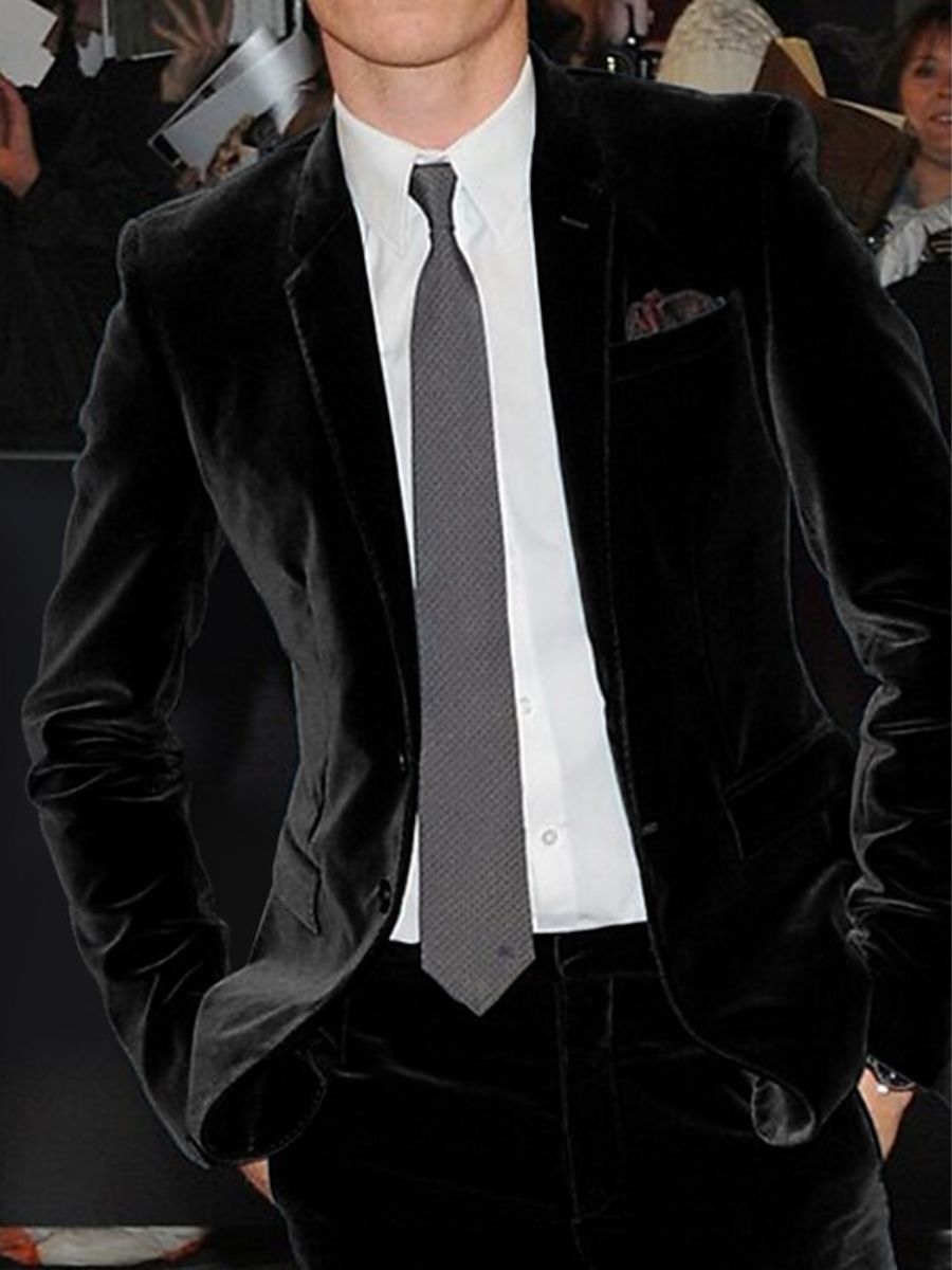 Burgundy Men's Velvet Single Breasted Two-Buttons Solid Wedding Party Suit Jacket - 이미지 2