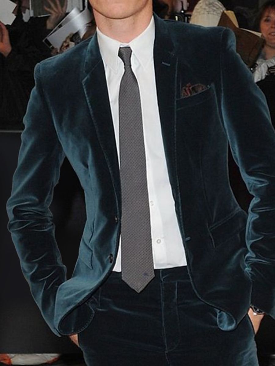 Burgundy Men's Velvet Single Breasted Two-Buttons Solid Wedding Party Suit Jacket - 이미지 5