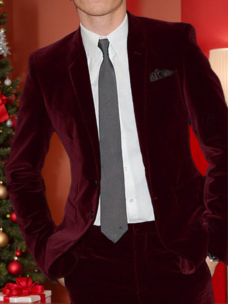Burgundy Men's Velvet Single Breasted Two-Buttons Solid Wedding Party Suit Jacket - 이미지 9