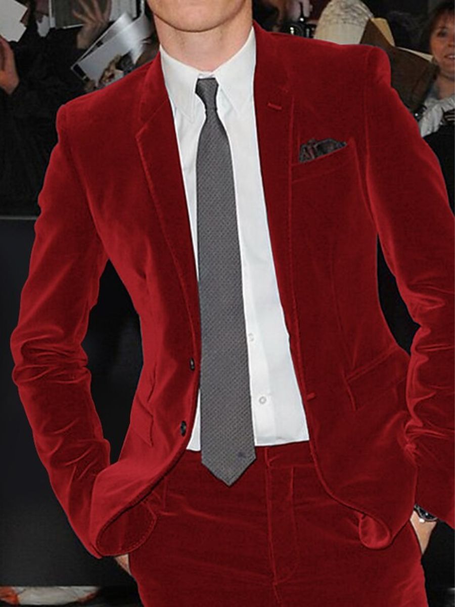 Burgundy Men's Velvet Single Breasted Two-Buttons Solid Wedding Party Suit Jacket - 이미지 8