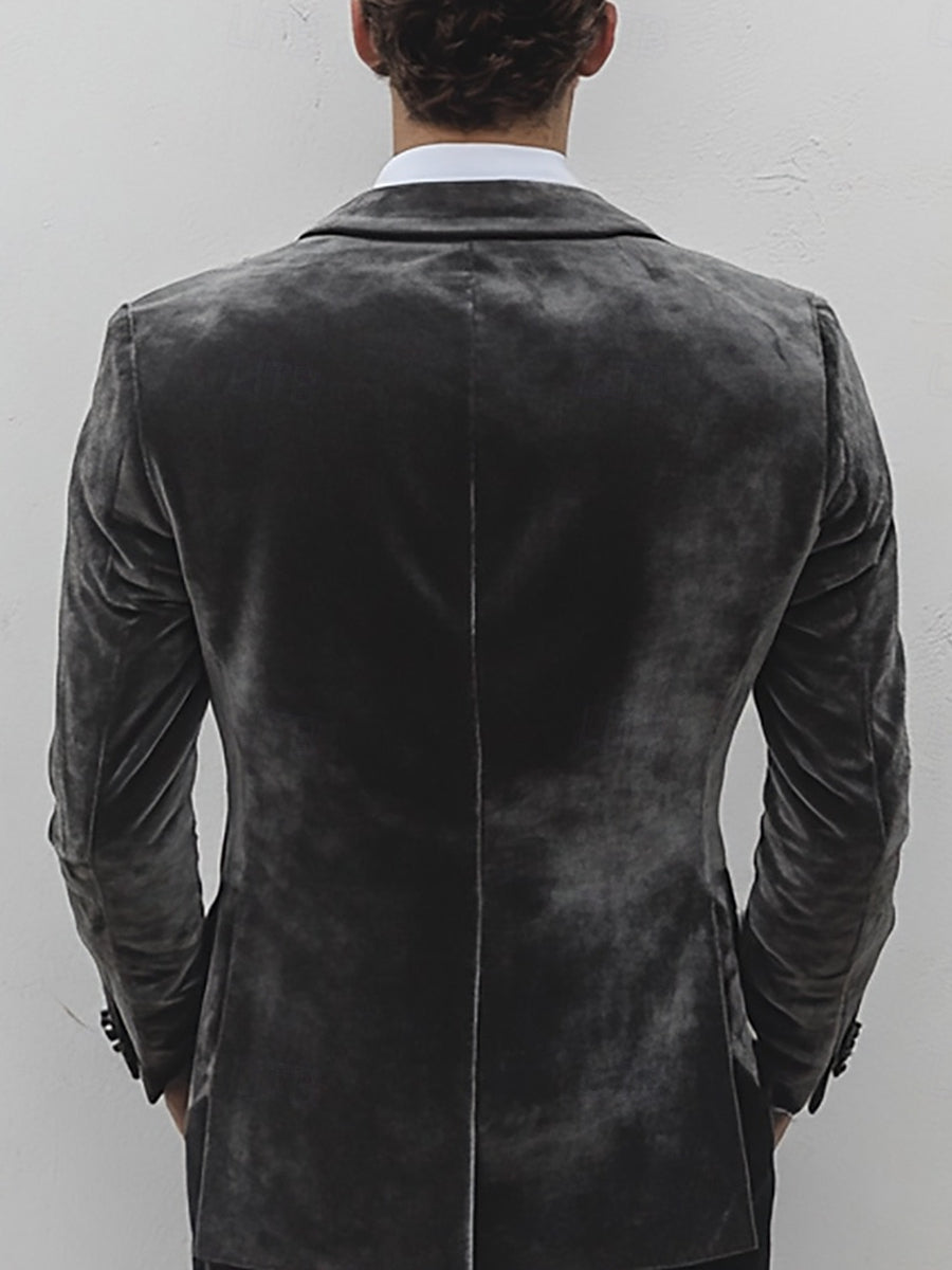 Gray Men's Velvet Single Breasted One-Button Wedding Casual Suits - Image 3